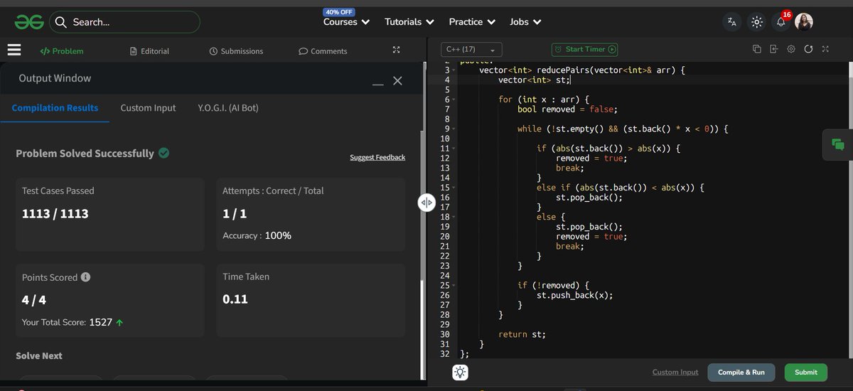 Sanjana81653640's tweet image. 🔥Day 68 of Problem of the Day

✅ Today’s Problem: Opposite Sign Pair Reduction

Used a stack-based approach to eliminate adjacent opposite sign pairs based on absolute values, maintaining the final reduced array.

#geekstreak60 #DSA #ProblemSolving #Consistency #GeeksforGeeks