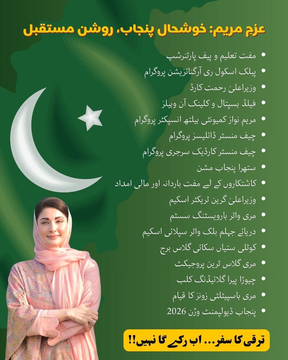 SherazShabirAdv's tweet image. وزیرِاعلیٰ مریم نواز کا عزم: خوشحال پنجاب، روشن مستقبل! ✨

تعلیم، صحت، زراعت اور انفراسٹرکچر کے انقلابی منصوبوں سے عوام کی زندگیوں میں بڑی تبدیلی آ رہی ہے۔ "پنجاب ڈویلپمنٹ ویژن 2026" کے تحت ترقی کا یہ سفر اب رکنے والا نہیں! 🇵🇰💪

#MaryamNawaz #PunjabProgress #Development