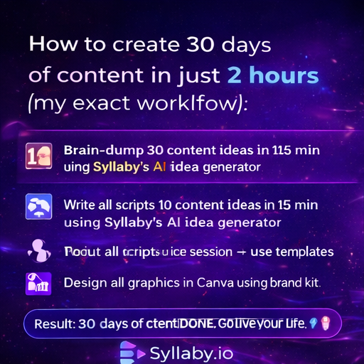 TrySyllaby's tweet photo. 🧵 How to create 30 days of content in just 2 hours (my exact workflow)

Batch content creation changed my life as a creator. 
Here's the full process: 👇

🗓️ Step 1: Brain-dump 30 content ideas in 15 min using Syllaby's AI idea generator
✍️ Step 2: Write all scripts in one session — use templates to go faster
🎬 Step 3: Record or generate all videos in one sitting
🖼️ Step 4: Design all graphics in Canva using brand kit
📅 Step 5: Schedule everything via your social scheduler

Result: 30 days of content. Done. Go live your life. 🎉

RT if you're trying this! Follow for more creator systems 🔁