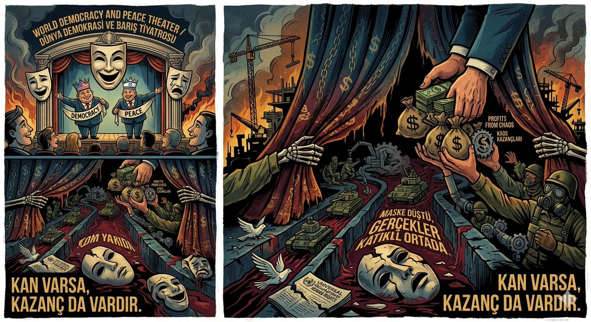 JeomenaOrtadogu's tweet image. Dünyaya 'demokrasi' ve 'barış' pazarlayıp, perde arkasında kaosu finanse etmek... ABD ve İsrail’in yüzyıllık stratejisi değişmedi: Kan varsa, kazanç da vardır. Maskeler düştü, gerçekler ortada. 🚫 #savaş #iran #abd #GlobalChaos"