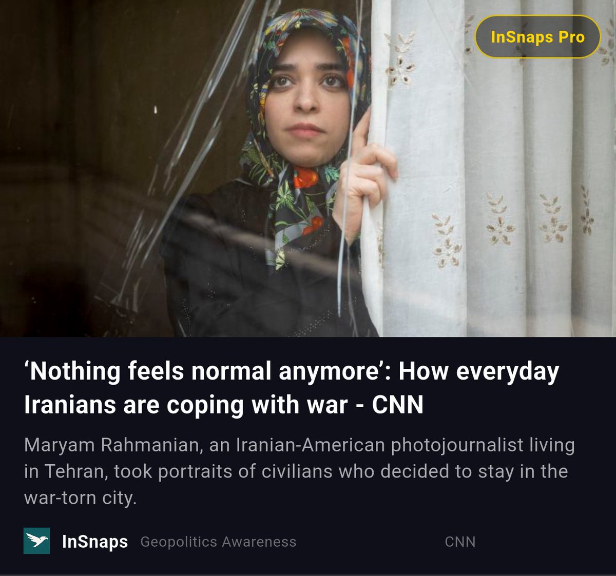 BuildWtPrakhar's tweet image. ‘Nothing feels normal anymore’: How everyday Iranians are coping with war - CNN

Read more on InSnaps. insnaps.app/a/L_9IniB49G9E…

#Cnn #Irans #Conflict #Iranians #Rahmanian #Iranian #Geopolitics