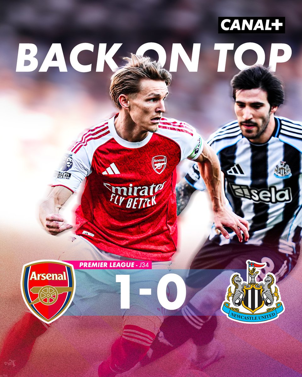 CanalplusFoot's tweet image. 🚨 ARSENAL REPREND PROVISOIREMENT LA TÊTE DE LA PREMIER LEAGUE 🔥

Les Gunners s'imposent 1-0 face à Newcastle et remettent la pression sur Manchester City qui compte un match de moins 👀

#ARSNEW | #PremierLeague