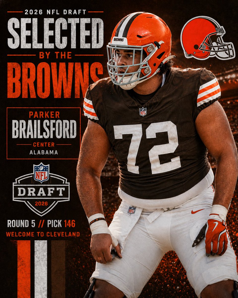 TheBamaStandard's tweet image. With 146th pick in the 2026 NFL Draft, the @Browns select Alabama center Parker Brailsford!🔥

#CollegeFootball #RollTide #BamaFactor #DawgPound