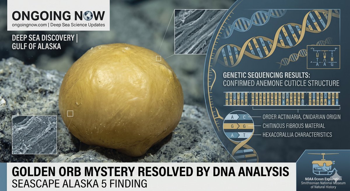 OngoingNowX's tweet image. The Smithsonian has finalized the golden orb DNA results. The specimen, found at 3,300 meters, is identified as a biological cuticle from a deep-sea anemone. #Alaska #Ocean #DNA #Research