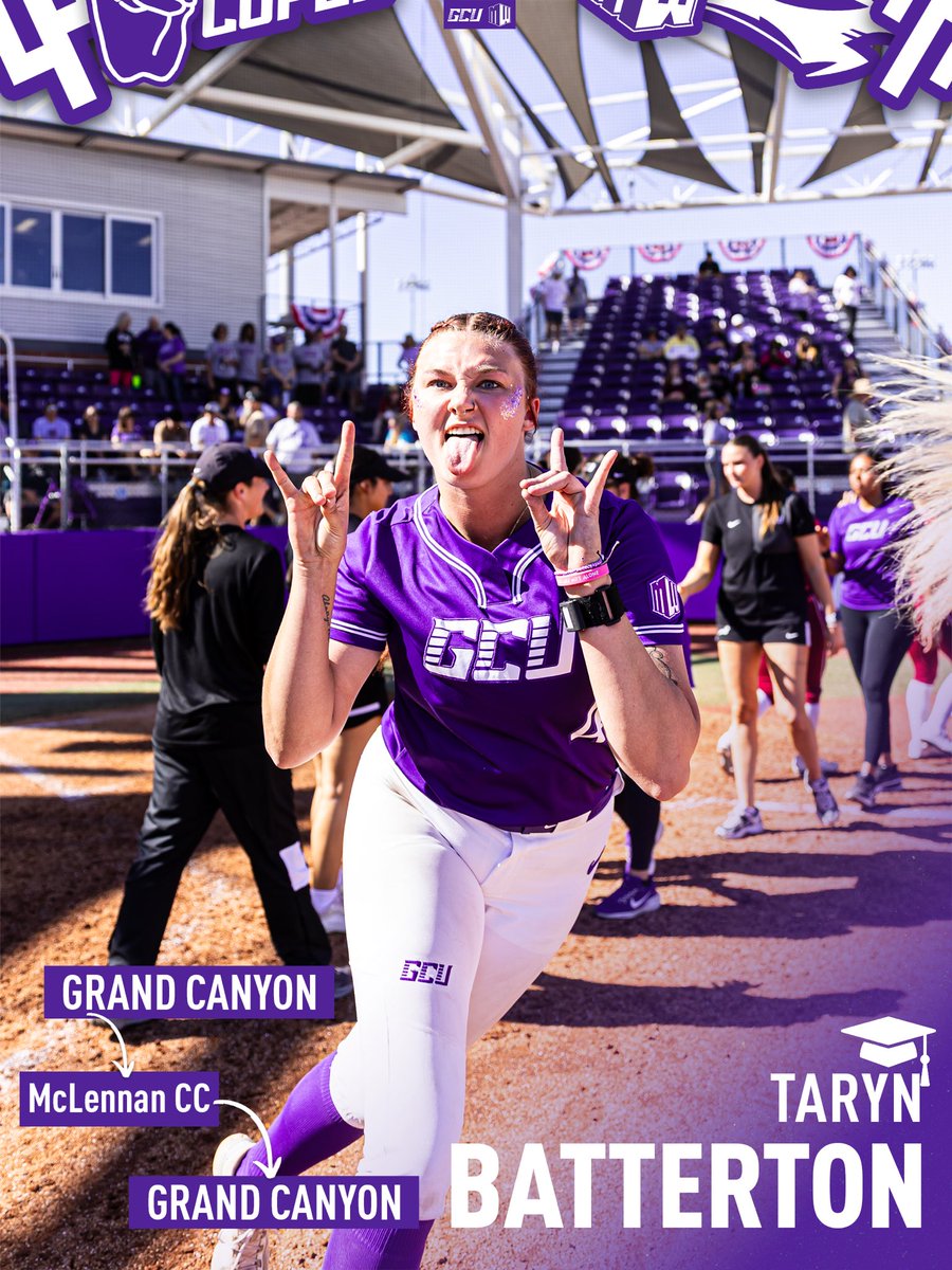 GCU_Softball's tweet photo. 𝙎𝙚𝙣𝙞𝙤𝙧 𝙎𝙥𝙤𝙩𝙡𝙞𝙜𝙝𝙩 🫶

@tarynbatt14 has epitomized the phrase “trust the process”, as she began her collegiate career at Grand Canyon, spent her sophomore year at McLennan Community College, and then returned to GCU as a vital piece in the Lopes’ rotation. Off the heels of an unbelievable season at McLennan, Taryn had an all-conference and all-region season in 2025 with the Lopes. She went 18-1 with a 2.14 ERA, striking out 89 batters. Batterton won two WAC Pitcher of the Week awards and tossed a five-inning no-hitter vs. Colgate in the first weekend of the season. This season, Taryn holds a 9-1 record with three complete games and two saves. “Pitcherton” began the year with 27 consecutive scoreless innings to start the year. She has struck out another 77 batters and will be relied upon in the postseason due to her big-game experience! #LopesUp