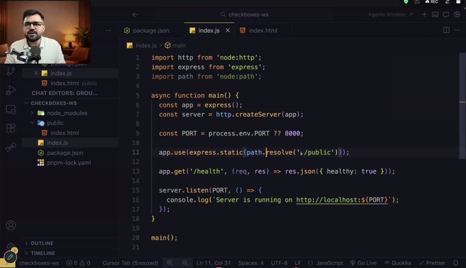 Jatin_17824's tweet image. 🔌 𝗪𝗲𝗯𝗦𝗼𝗰𝗸𝗲𝘁𝘀 𝘁𝗼 𝘀𝗰𝗮𝗹𝗲
Today’s class went from building with WebSockets to thinking about scale.  Started with socket servers, then moved into what happens when one server is not enough 
@piyushgarg_dev Sir absolutely cooked it today 

#WebDev #Redis #ChaiCode