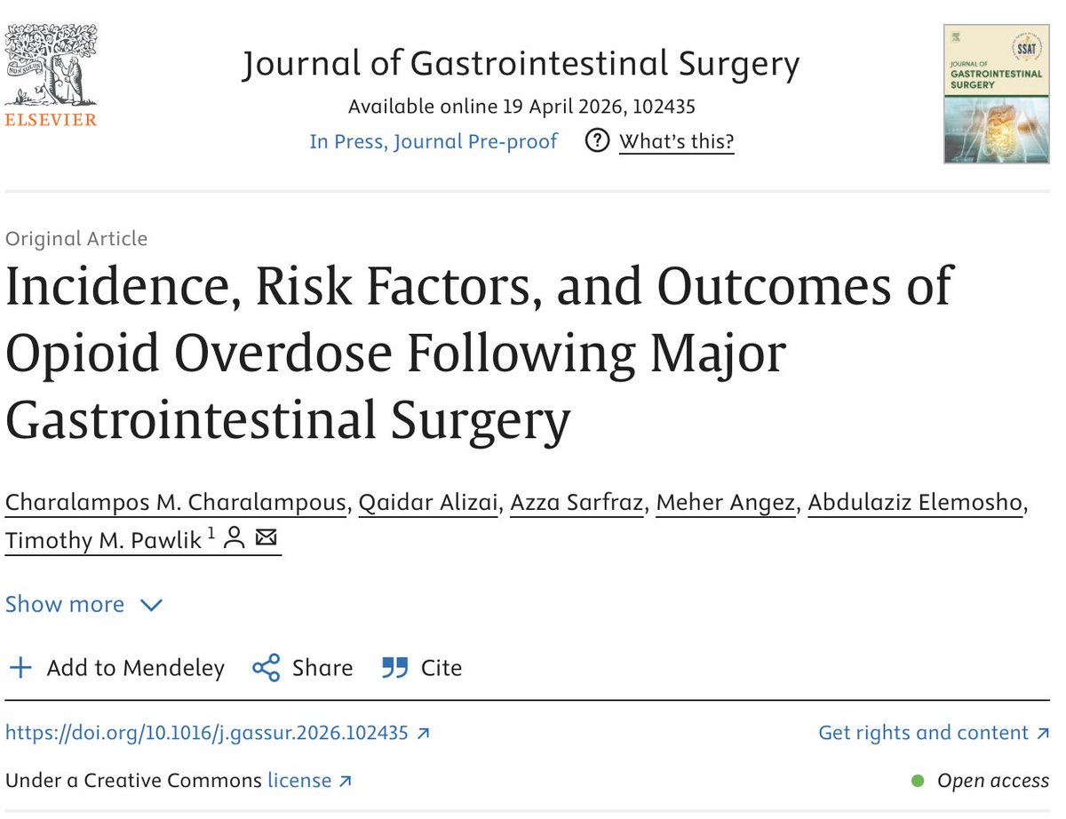 CharalampousC's tweet photo. Thrilled to share the latest publication from the @OhioStateSurg TEAM in @JournalofGISurg exploring Opioid Overdose Following Major Gastrointestinal Surgery.

Grateful to Dr. @timpawlik for his continued guidance and support ⭕️🙌🏻

🔗  https://t.co/SVEbvgcokW https://t.co/GoM7qnz71g