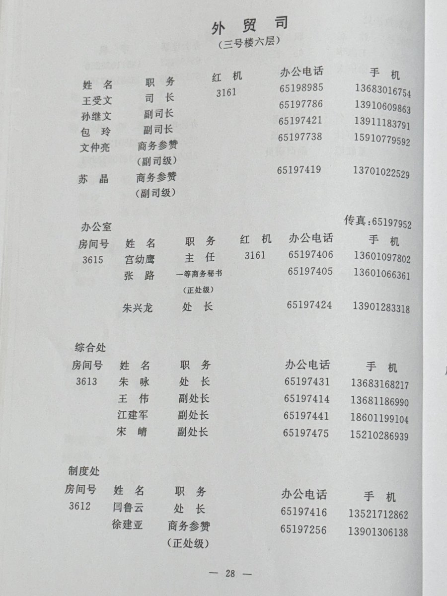 BAIGUANXINGSHU's tweet photo. 商务部外贸司2010年前后各处室领导电话簿。 https://t.co/vkQNQH7t42