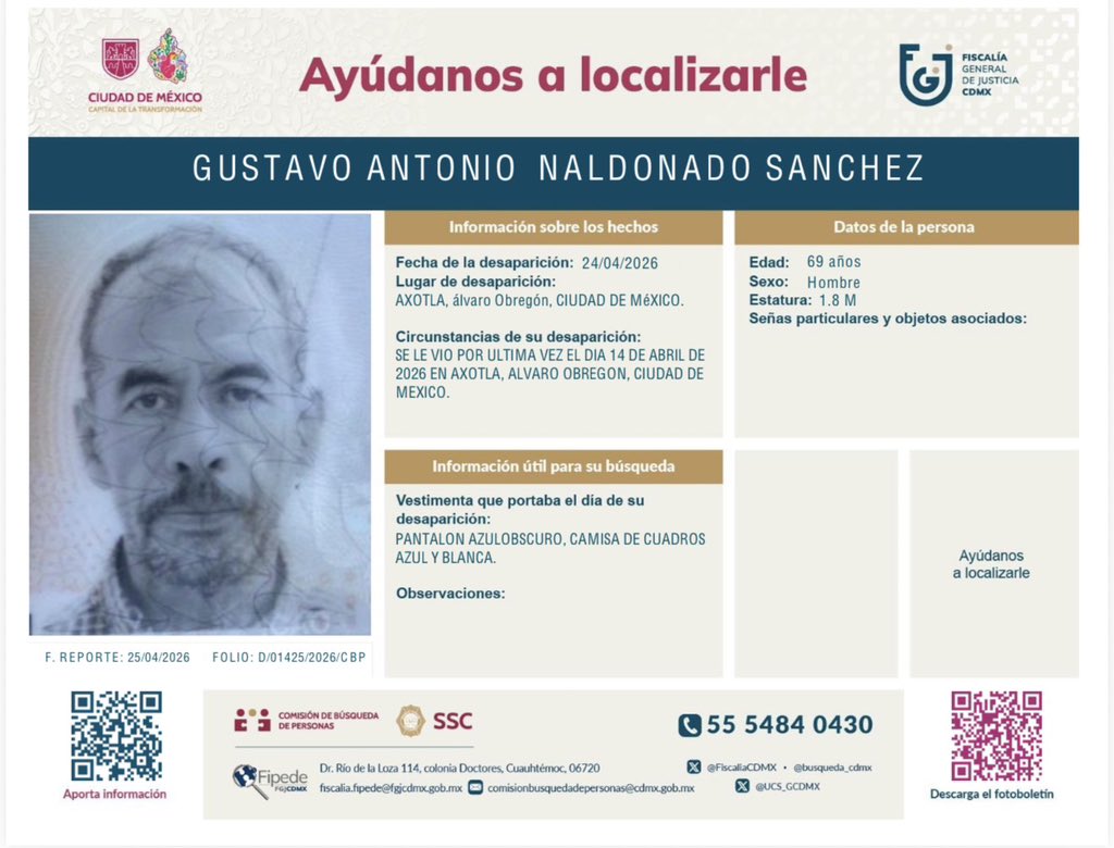 Ayúdanos a localizarlo. Urgente. Es extranjero. Vino a la boda de su hija. Salió a caminar 6.00 am y no ha vuelto a ser visto. #GustavoAntonioMaldonadoSánchez <a href="/ComisionBusque/">Comisión de Búsqueda de Personas Desaparecidas</a> <a href="/busqueda_cdmx/">Comisión de Búsqueda CDMX</a> hagan magia para localizarlo !!