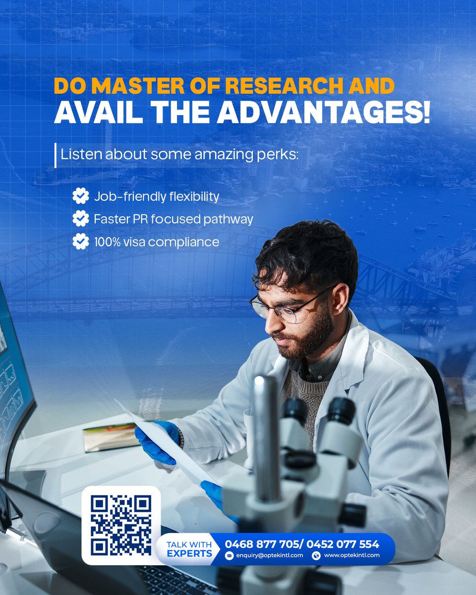 optekintl's tweet image. Want PR friendly and 100% visa compliance study option?

Choose the Master of Research without any doubt. Reach out to us for enrollment. Book a consultation right away!

𝐖𝐞𝐛𝐬𝐢𝐭𝐞: optekintl.com

#optekinternational
#optekintl #opteksucess
#visaserviceaustralia
