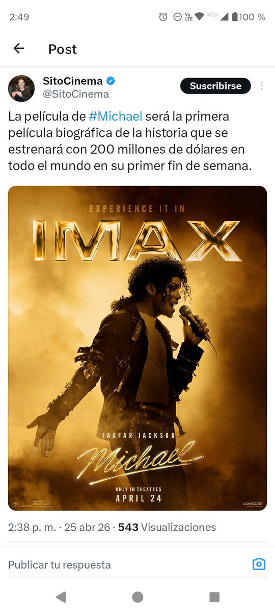 angelcaido_yo's tweet image. "MICHAEL: la historia de #Michael Jackson" (40 mdd) ha superado oficialmente a #OPPENHEIMER (33 mdd) y ha registrado la mayor recaudación de todos los tiempos en su primer día de estreno en Estados Unidos para una película biográfica... #Cine #Cinepolis #Peliculas #USA #EEUU #Mex