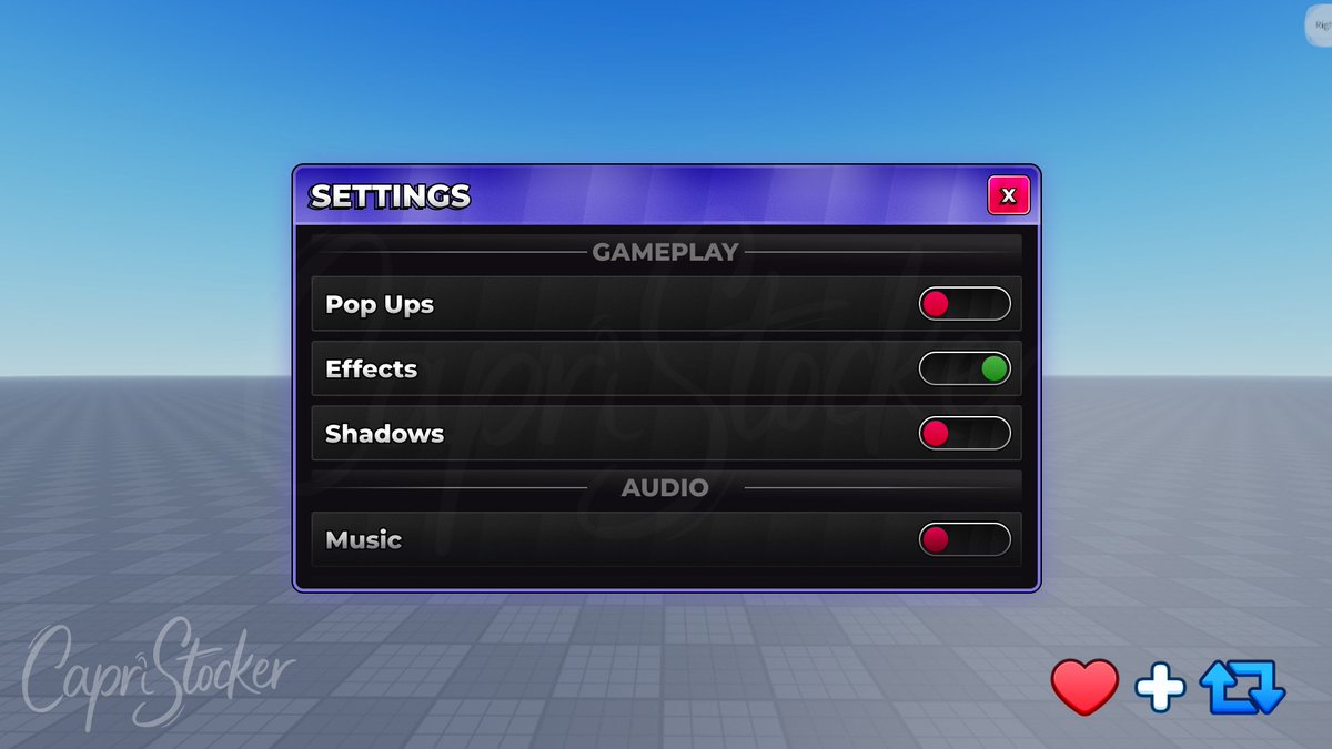 CapriStocker's tweet image. ✨Clean Settings UI (Roblox)

❤️&amp;amp;🔁are highly appreciated! 

-=- #Roblox #RobloxDev #RobloxUI #RobloxStudio #UIDesign #GameUI #UX #SettingsUI