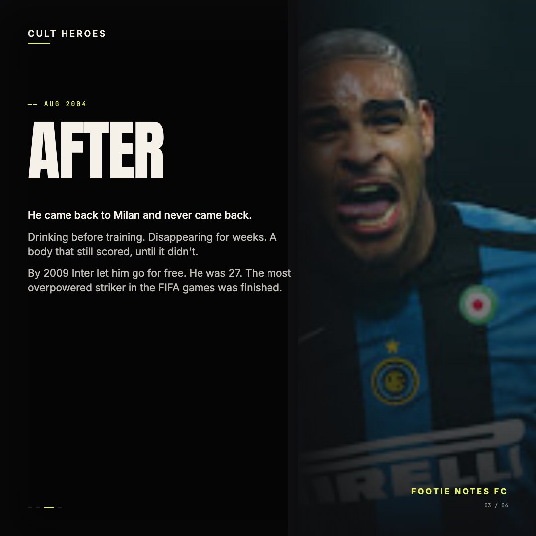 footienotesfc's tweet photo. The world had a new Ronaldo at 22. By 27 he was gone. The Adriano story: what happens when the man inside the player breaks. ↓

#CultHeroes https://t.co/FgtrqcTb0T
