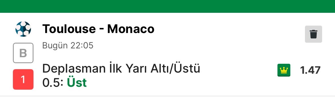 EskiUsulTahmin's tweet image. 🍀⚽️ Toulouse – Monaco

Tercih: Monaco İlk Yarı Gol Atar
Oran: 1.47

Hızlı başlangıç beklentisi 👀🟢

İlk yarı tempolu oyunla birlikte monaco’nun gol bulacağına inanıyoruz.

#Toulouse #Monaco #Ligue1 #Futbol #Bahis #İddaa #Tahmin #Canlı #Banko #Analiz #GününMaçı #Kupon #Kazandık