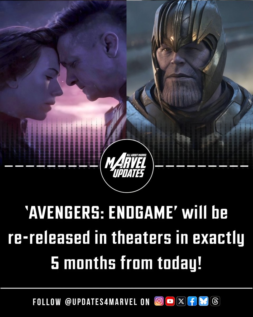 Updates4Marvel's tweet image. Avengers: Endgame will be re-released in theaters in exactly 5 months from today.
#AvengersEndgame #Marvel #MCU