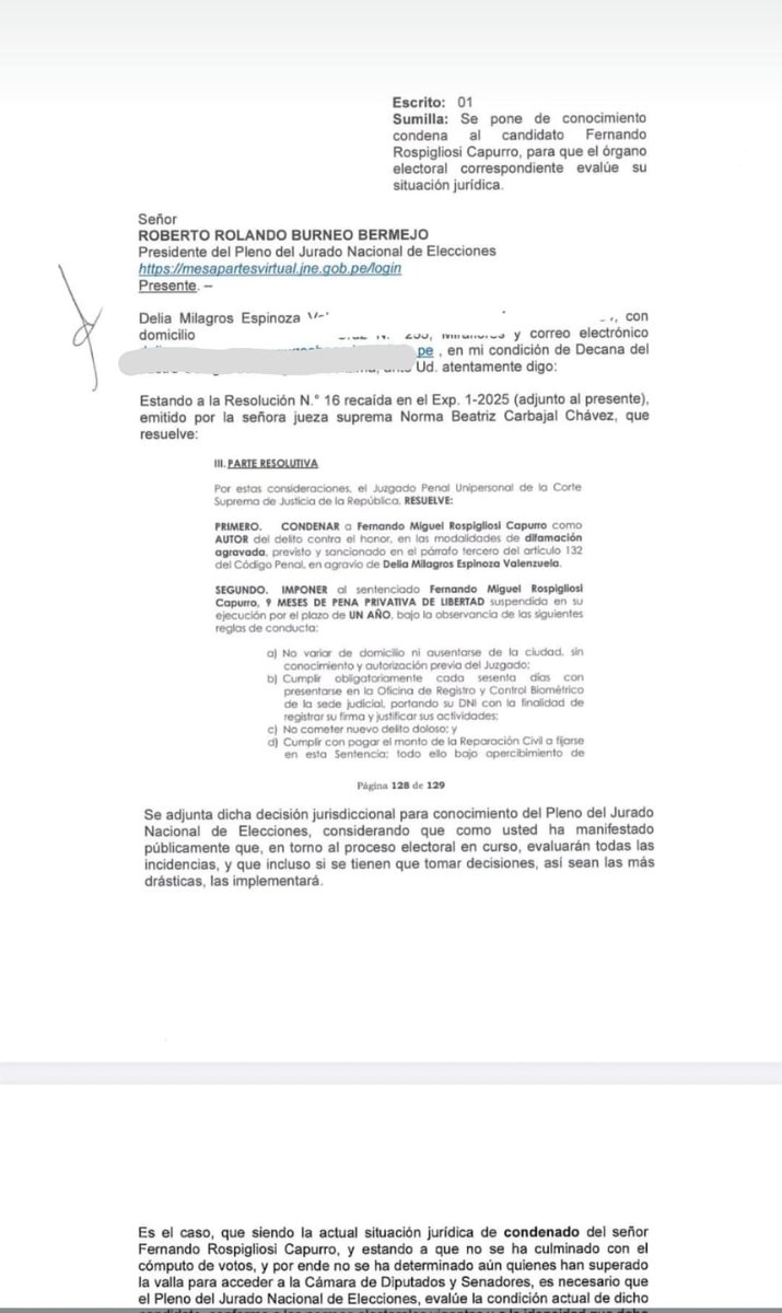 Delia Espinoza, exfiscal de la Nación y actual decana del CAL, pide al presidente del Jurado Nacional de Elecciones, Roberto Burneo, evaluar si Fernando Rospigliosi, presidente del Congreso, puede ser elegido senador por Fuerza Popular tras ser condenado por difamación.