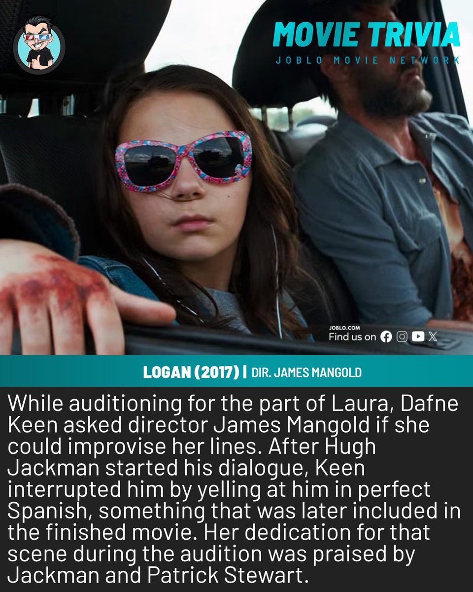 joblocom's tweet photo. Movie Trivia: Logan (2017) π₯
#MovieTrivia #Logan2017 #JamesMangold #DafneKeen #HughJackman https://t.co/hpftMtOl86