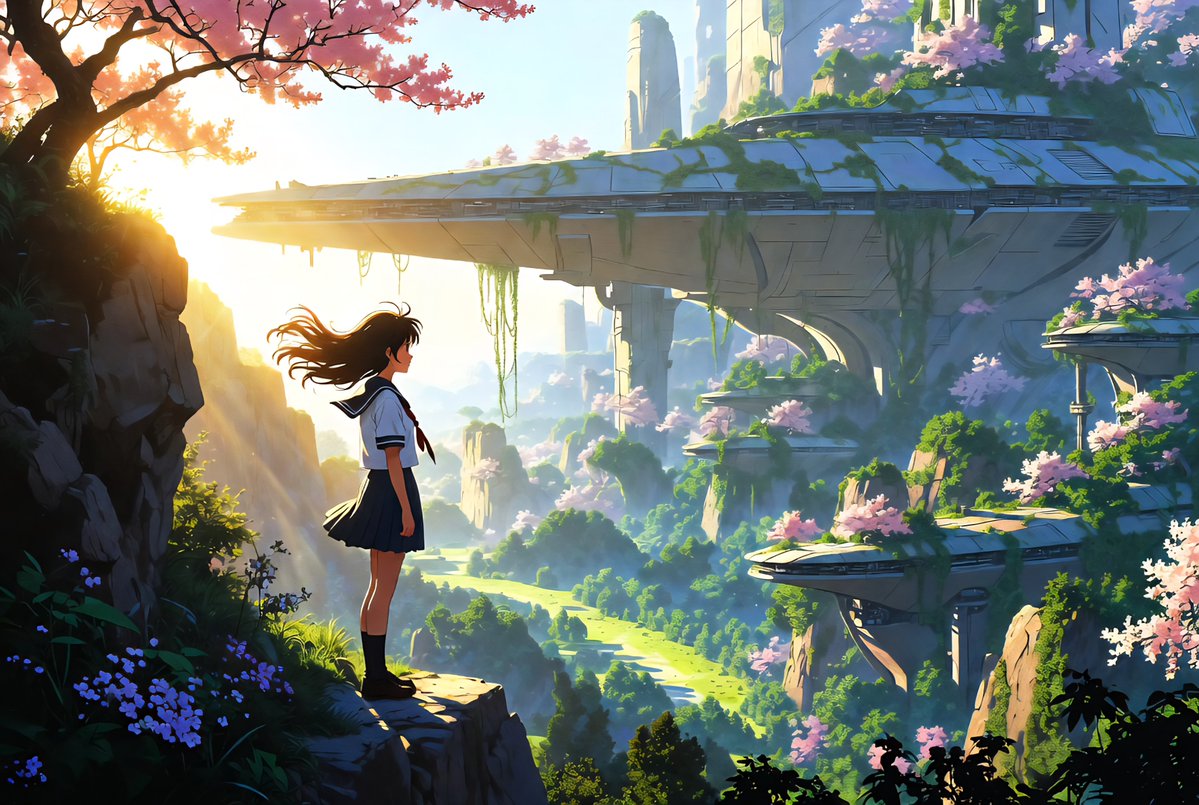 A lone traveler (inspired by the introspective protagonists of Your Name or Weathering With You) stands on a rocky outcrop at dusk, overlooking a vast, breathtaking landscape where a massive, weathered starship has crashed or landed centuries ago — now half-reclaimed by nature.