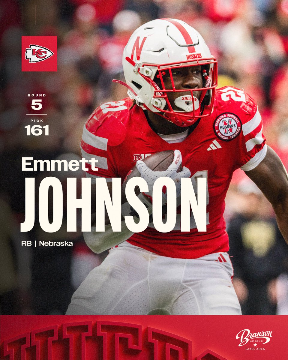 Chiefs's tweet image. Offense's turn❗️

With the 161st pick in the 2026 NFL Draft, we have selected RB @Emmett21Johnson.