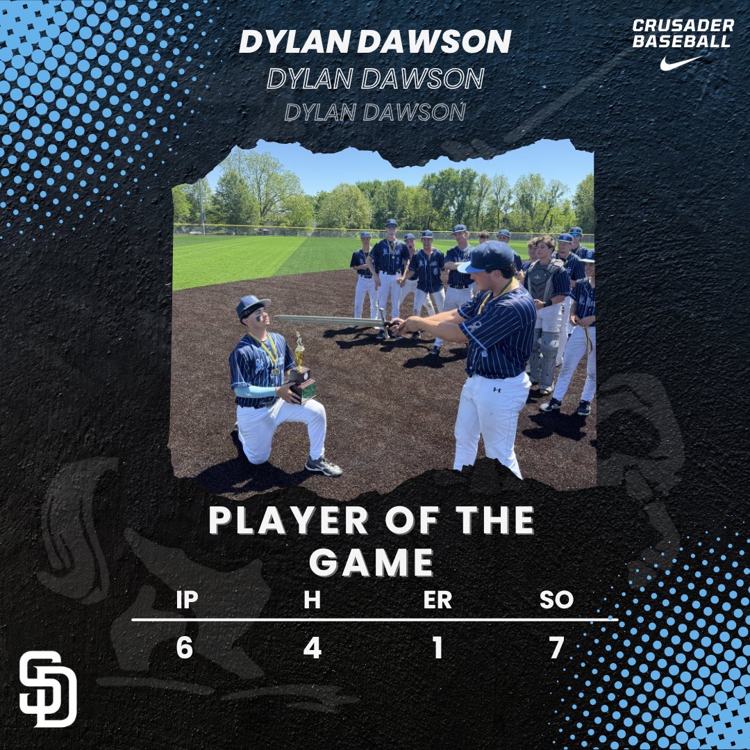 SDHSVBaseball's tweet photo. @DylanDawson0 bringing home the player of the game and the Championship trophy to the boys!
#rollsaders #family https://t.co/TRZ1B35I3Z