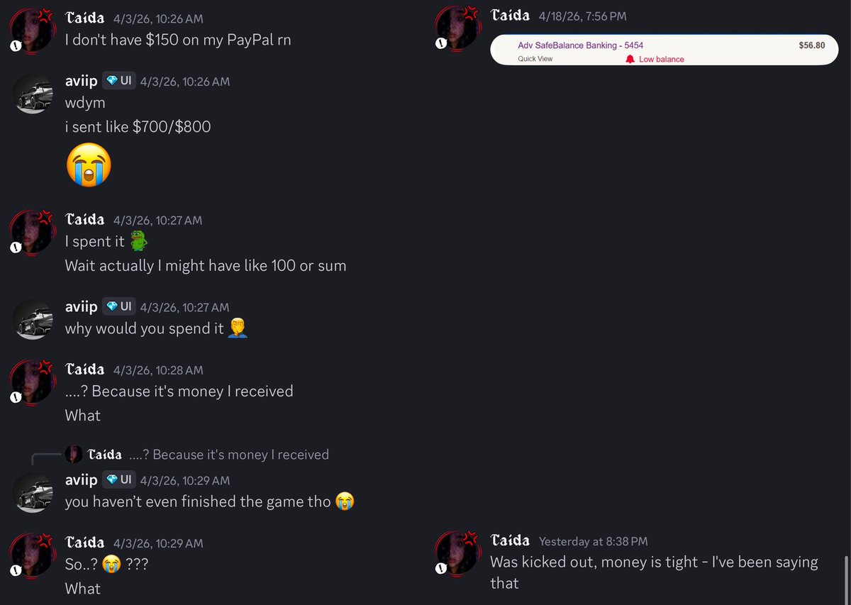 theaviip's tweet image. ⚠️ BEWARE OF SCAMMER!

Regarding: @_TaidaDev

I commissioned Taida to script a full game, paid $750 upfront, and received nothing. Weeks of excuses and no progress. When I demanded a refund, he admitted he’d already spent the money

Screenshots attached below
#ROBLOX #RobloxDev