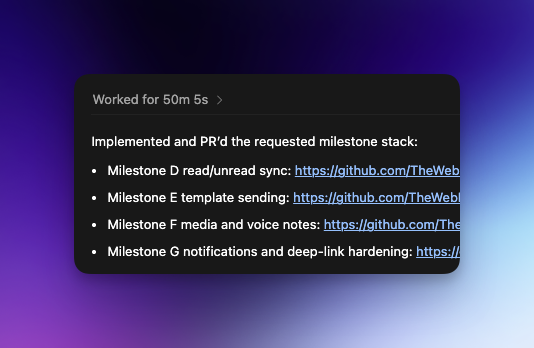 sudo_eugene's tweet photo. I'm struggling to believe production level multi hour/day/week autonomous runs.

I got my longest single-run from GPT-5.5 in Codex App today.

It ran for 50min and stacked 4 PRs. 

Trying a new method for prompting and it looks promising:

1. Visit the {PLATFORM} API docs at platform(.)com

2. Before writing any code, list the testable behaviors for this feature. For each one, describe the test in one sentence: what's the input, what's the expected outcome. Don't write code yet, just the list.

3. Then write those tests. They should all fail initially since the feature doesn't exist yet. 

4. Then implement the feature and make them pass. Don't weaken any assertion to make a test pass

Repeat for each milestone