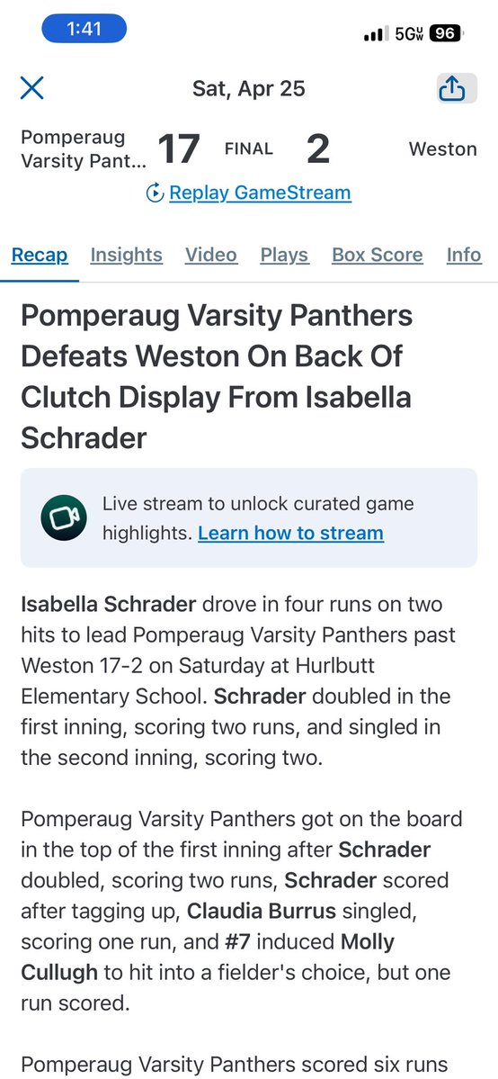 BellaSchrader09's tweet image. What a game against Weston! We crushed it with a 17–2 win in the cold rain. I had a double and single, going 2 for 2 at the plate, but I was most proud of the four RBIs and two runs. It was a total team effort! #hardworkpaysoff #raindoesntstopus #teameffort