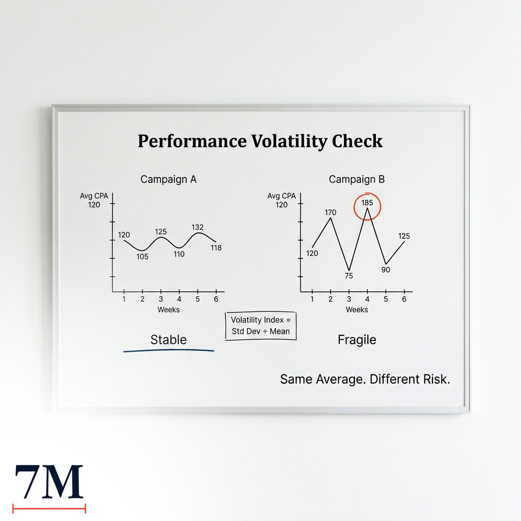 aaronparkinson's tweet image. If your dashboard only shows averages, you are optimizing a mirage.

Two campaigns. Same 6 week CPA 120.
One ranges 105 to 132. The other swings 75 to 185.

Same average. Different risk.

Calculate volatility before you scale.

#MarketingAnalytics #PaidMedia #GrowthStrategy