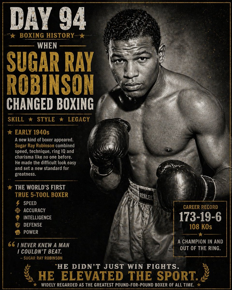 YuryIak's tweet image. Day 94 — Perfection in Boxing

In the 1940s, Sugar Ray Robinson set the standard.

173 wins. 108 KOs.
Speed. Skill. Precision.

Still considered the greatest pound-for-pound fighter ever.

#SugarRayRobinson #BoxingHistory #P4P #BoxingLegend #CombatSports