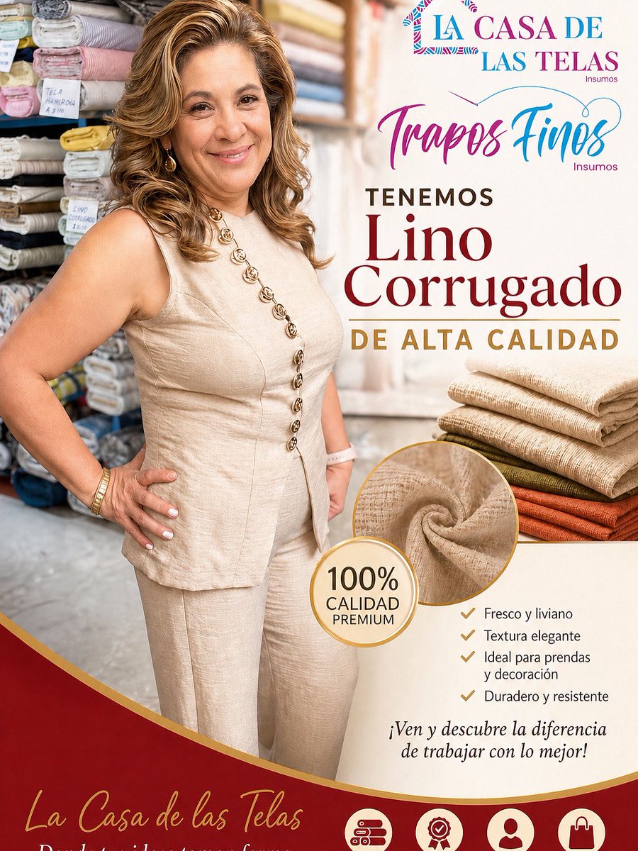 TraposFinos2's tweet photo. ✨ Dale vida a tus creaciones con elegancia y calidad ✨

🧵 Lino Corrugado ideal para prendas, decoración y más.
💲 Precio de almacén: $4,90 el metro

📍Encuéntralo en La Casa de las Telas / Trapos Finos Insumos
¡Calidad premium al mejor precio! 

#telasdecalidad #almacéndetelas https://t.co/gRHhEUNgMv