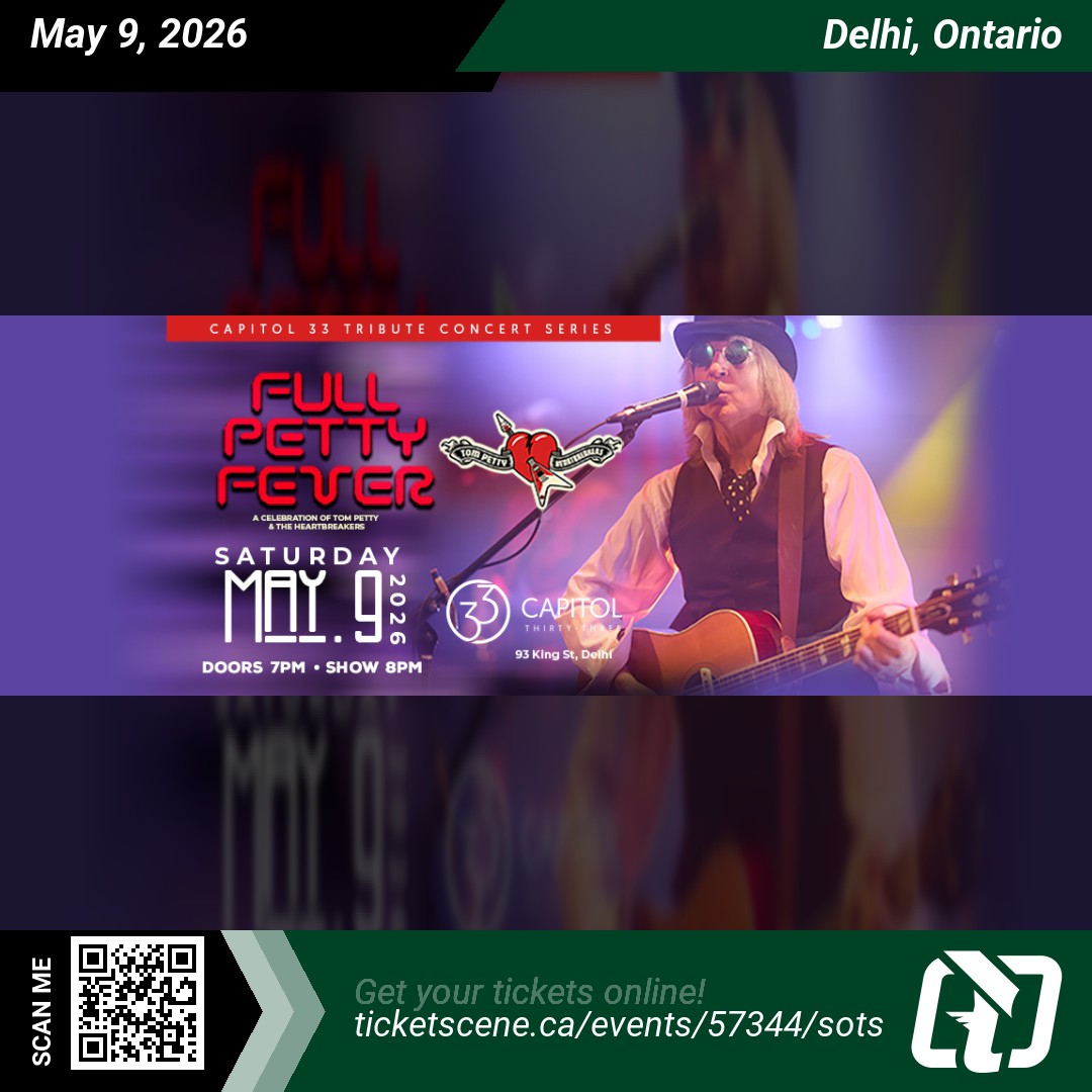 Ticketscene's tweet image. Full Petty Fever - A Tribute to Tom Petty - will be preforming at Capitol 33 on Saturday, May 9, 2026 at 8:00 pm
Get your tickets online ticketscene.ca/events/57344/s…

#delhi #delhievents #ticketscene #concert #concerttickets
