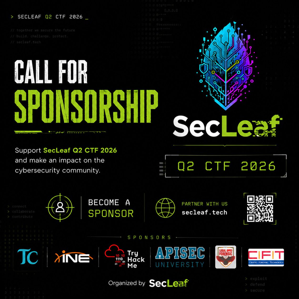 secleafofficial's tweet image. SecLeaf Q2 CTF 2026 is now open for 𝘀𝗽𝗼𝗻𝘀𝗼𝗿𝘀.

Position your brand in front of a highly engaged cybersecurity community and connect with top talent.

𝗔𝗽𝗽𝗹𝘆 𝗵𝗲𝗿𝗲: forms.gle/6DR463XjzgR4ak…

#CyberSecurity #CTF #InfoSec #Sponsorship #TechCommunity #SecLeaf #Q2CTF