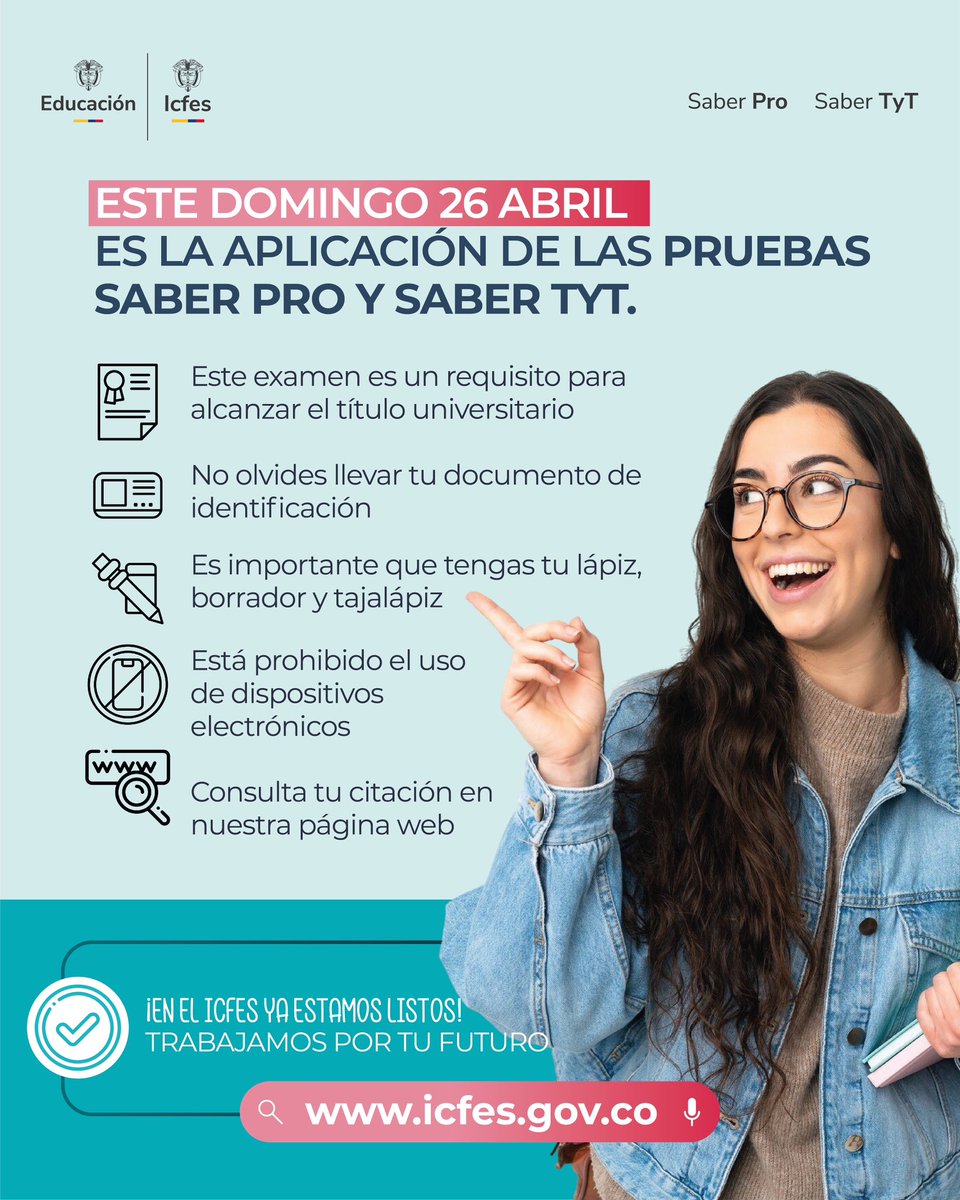 ICFEScol's tweet photo. ¿Estás listo para la aplicación de tu examen Saber Pro o Saber TyT 2026-I este domingo 26 de abril? 🙌
Aquí te tenemos unas recomendaciones para que no tengas ningún contratiempo 📝
#SaberPro #SaberTyT https://t.co/xhjt2fNszU