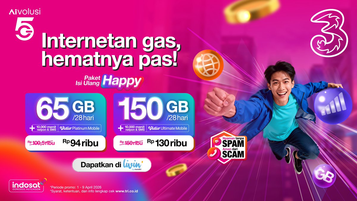 triindonesia's tweet image. Namanya juga #TriLebihHematSinyalCepat pasti banyak promonya laaah!

Kamu sukanya scrolling socmed tanpa henti? Ini waktu yang tepat buat kamu isi ulang paket #Happy di aplikasi Livin' by Mandiri!

Banyak promonya, makin GEDEE kuota yang kamu beli, makin hemat juga~

Klik