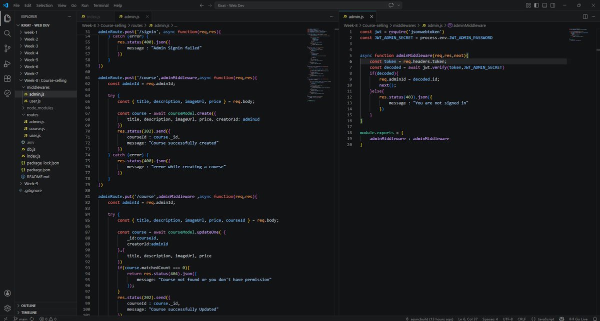 _asyncbuild_'s tweet image. Built the backend for a course selling app (Udemy-style) 
Admin auth + course creation &amp;amp; update APIs
#buildinpublic #webdev #javascript #nodejs #mongodb #devjourney #coding #programming