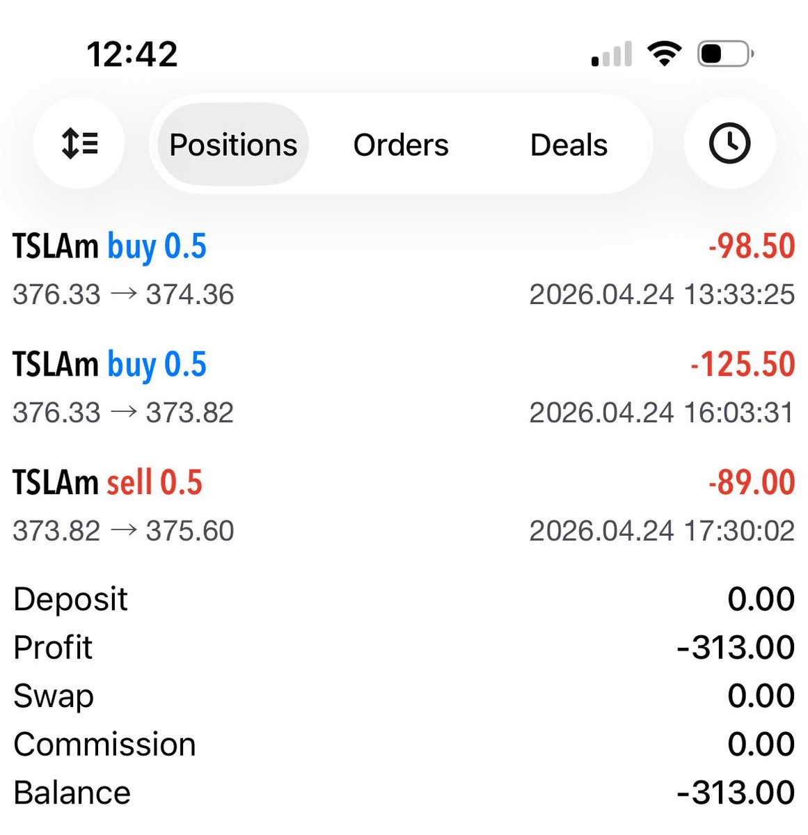autopilotrader's tweet image. 📅 Friday | 24 Apr 2026 🚗 TSLA Trade Update – AUTO PILOT TRADES
📊 Net Result (All Trades): -$313.00 ❌
📈 BUY Trade Running 📦 Qty: 0.50 lot 📉 Entry → CMP: 375.60 → 377.17 📈 Floating P&amp;amp;L: +$78.50
#Tesla #Autotrading