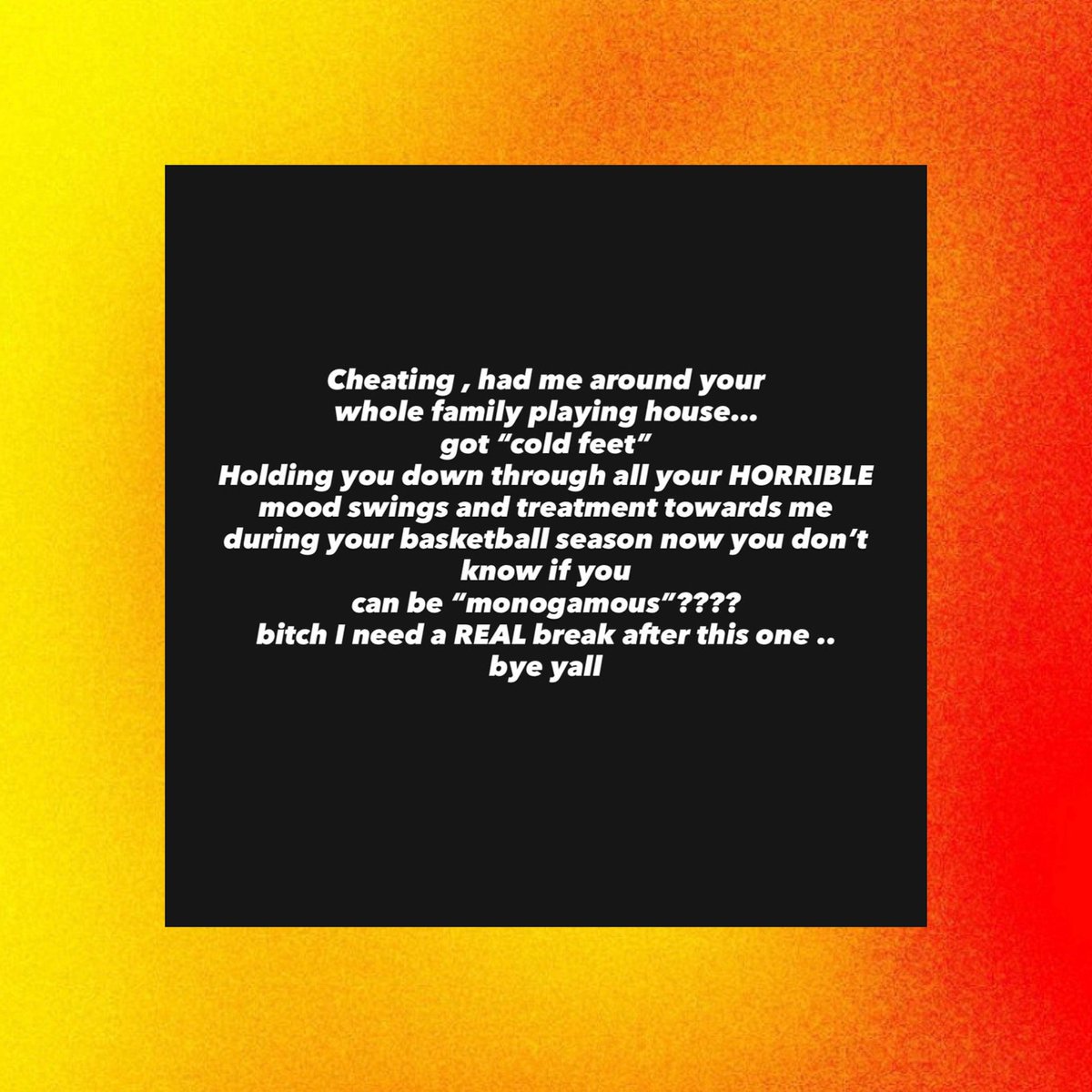 Klay Thompson has cheated on Megan Thee Stallion:

“Holding you down through all your HORRIBLE mood swings and treatment towards me during your basketball season now you don't know if you can be ‘monogamous’????”