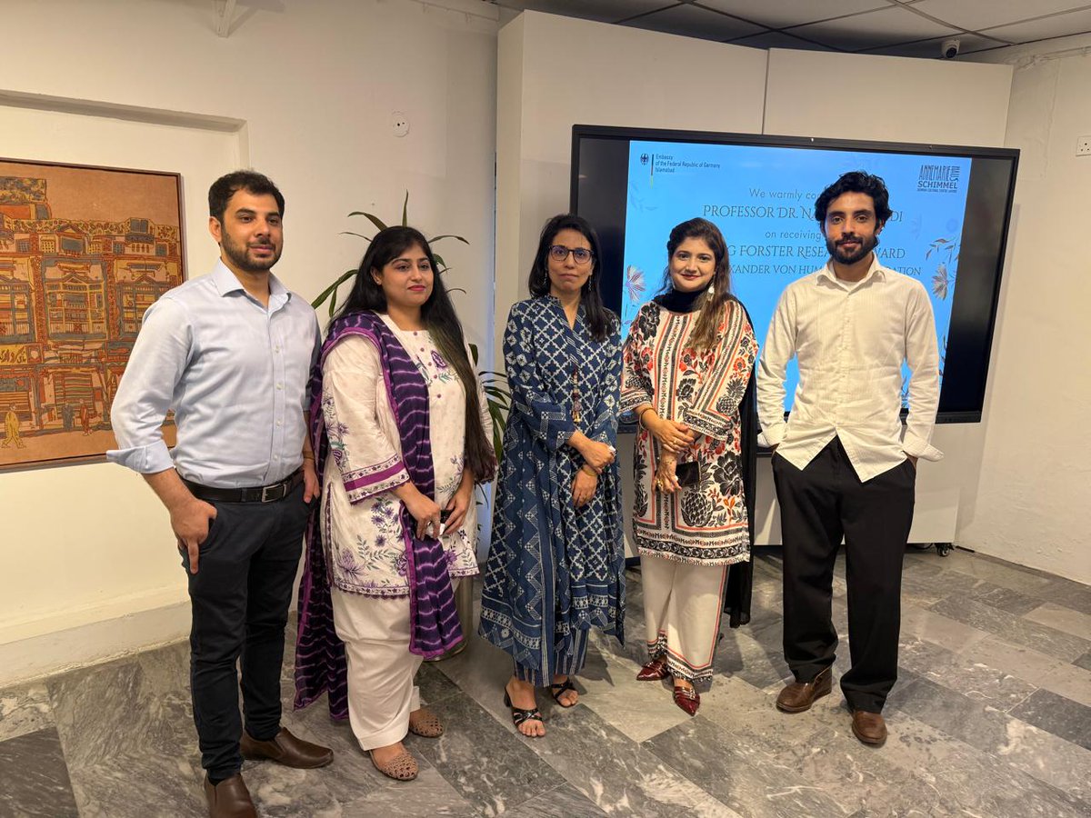 ActionResear's tweet photo. Mr. Arno Kirchhof, Deputy Head of Mission &amp; the German Embassy hosted a reception at @GermanCenterLHR  to honour Dr @Nosheen_Z, Director of @actionresear  &amp; Professor at PEARL Lab, #IMMG, @pu_edu_pk, on receiving the Georg Forster Research Award from the #HumboldtFoundation. https://t.co/8QctplO0hX