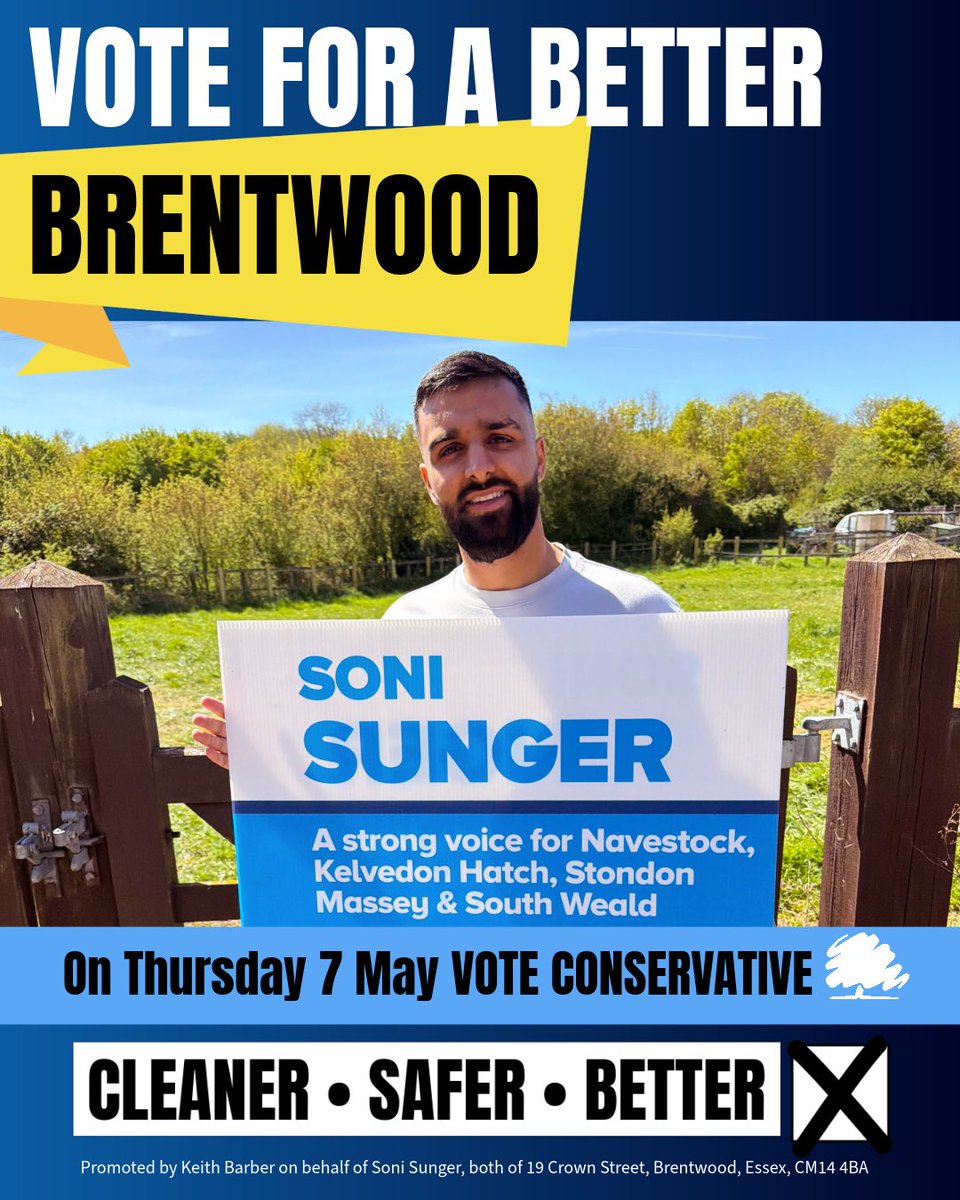 BwdConservative's tweet image. If you live in Brizes, Stondon Massey &amp;amp; South Weald ward locally here in Brentwood then vote to re-elect LOCAL Borough Councillor Soni Sunger on Thursday 7 May.  🗳️ 🗳️ #Brentwood #Conservatives #VoteConservative