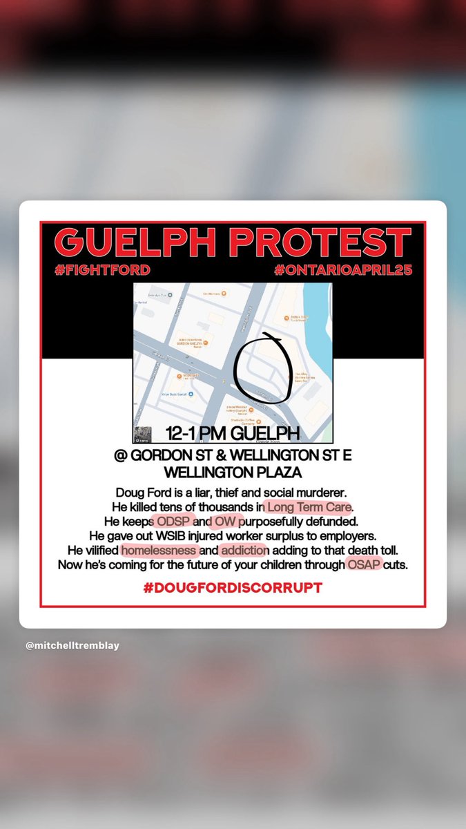 ODSPoor's tweet image. Today! #FightFord at a protest near you, only one hour, rain has let up, let's show this fascist dictator he is not welcome to lie, steal and socially murder for profit.

#DougFord #ontarioapril25