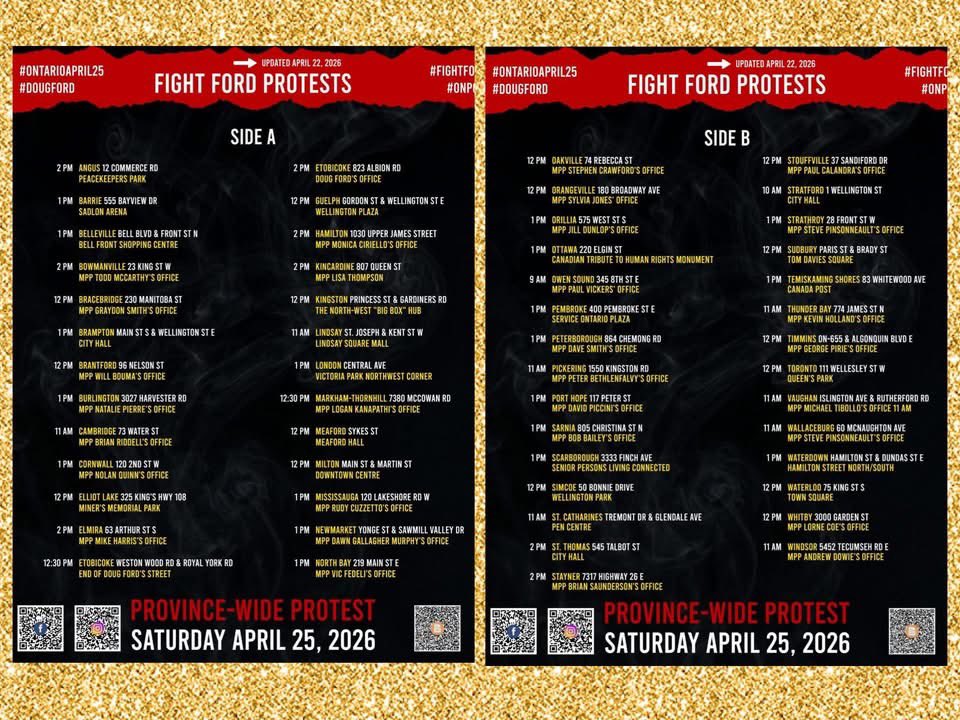ODSPoor's tweet image. Today! #FightFord at a protest near you, only one hour, rain has let up, let's show this fascist dictator he is not welcome to lie, steal and socially murder for profit.

#DougFord #ontarioapril25