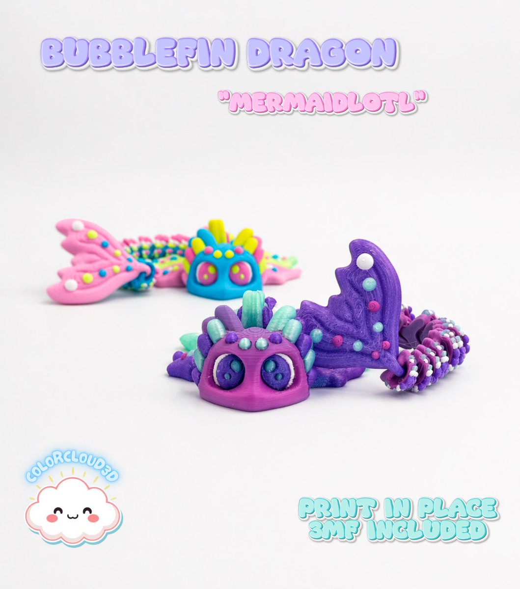 ColorCloud3D's tweet image. The Bubblefin Dragon is 🔥 trending on @Cults3D 

It is an adorable blend of Mermaid and Axolotl, so it has been dubbed a Mermaidlotl! 

Come check it out over on Cults3D
cults3d.com/:4320451

#3dprinting #bambulabs #snapmaker