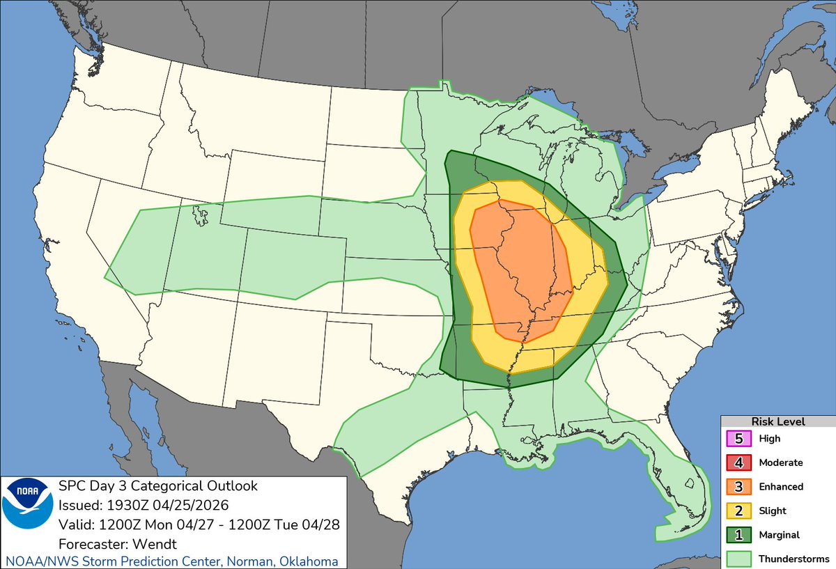 NWSSPC's tweet image. 2:32pm CDT #SPC Day3 Outlook Enhanced Risk: for the mid-Mississippi Valley Mid-South and lower Ohio Valley spc.noaa.gov/products/outlo…