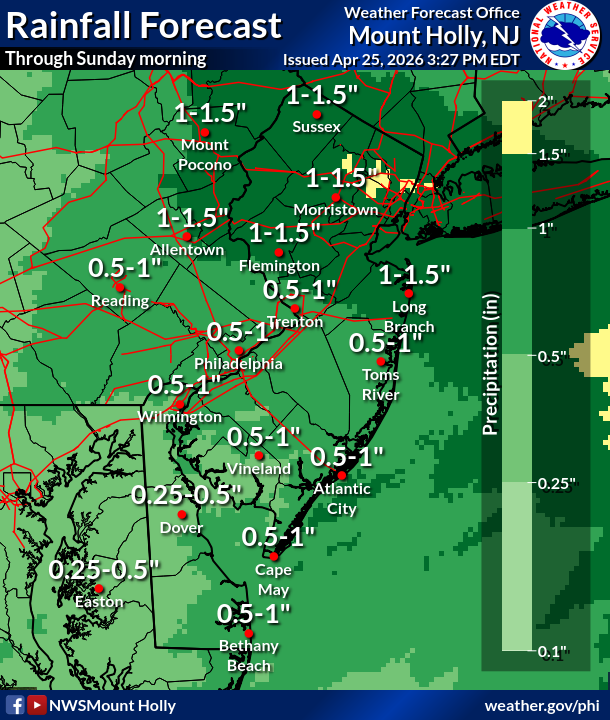 NWS_MountHolly's tweet photo. ☔️ Here is our latest rainfall forecast as of 3 PM Saturday. A beneficial steady, soaking rain will continue spreading into the region into the evening, continuing overnight, then wind down into Sunday morning. #PAwx #NJwx #DEwx #MDwx https://t.co/ncbLua3XrQ