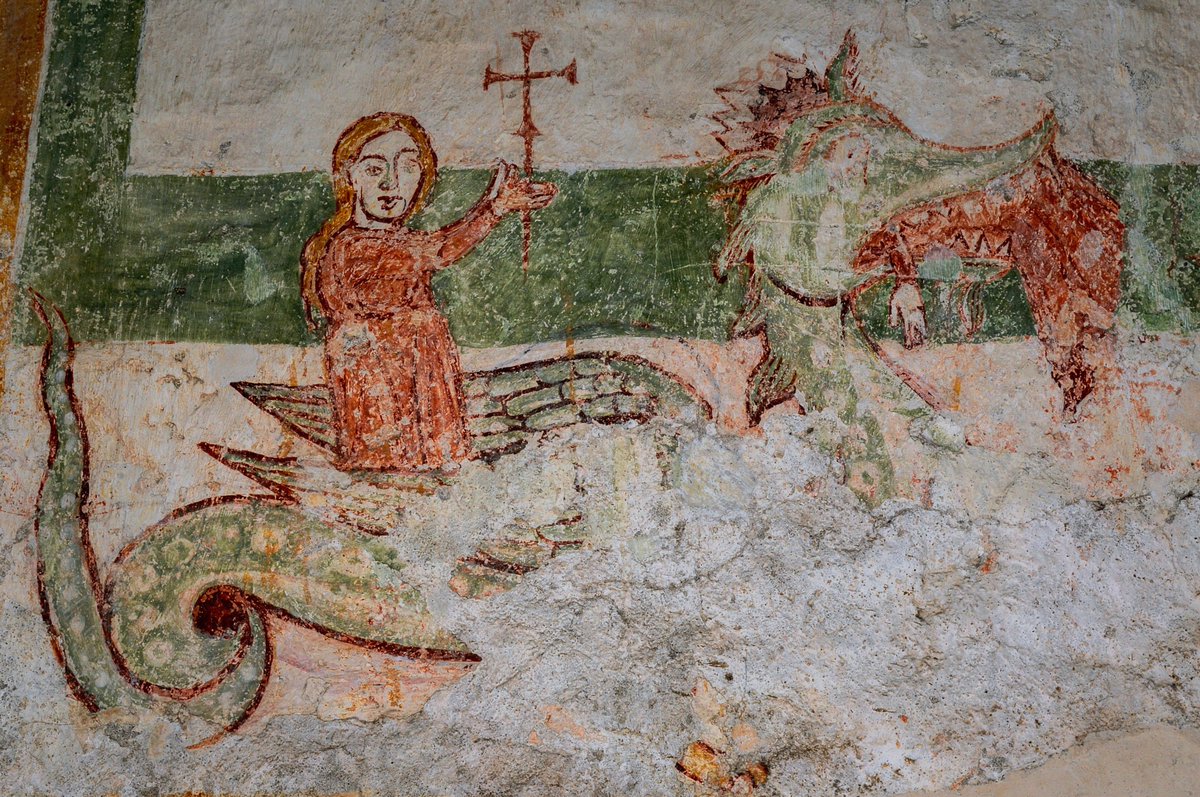 TerenceKerr5's tweet image. #Dragon #Colico

Saint Margaret of Antioch stands in triumph over a dragon; it has just regurgitated her alive after her cross irritated the monster’s innards. Medieval fresco, Abbazia di Piona (Piona Abbey), Colico, Lombardy, Italy. According to tradition, dragon was Satan in