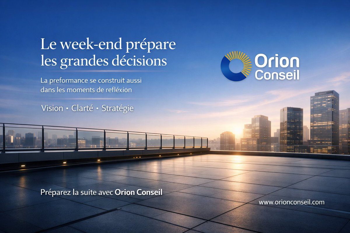 OrionConseil's tweet image. Le week-end prépare vos grandes décisions.
Prenez du recul, clarifiez votre vision, avancez avec stratégie.
Avec Orion Conseil, transformez vos réflexions en actions.
🌐 orionconseil.com⁠
#Vision #Stratégie #Leadership #Décision #Performance