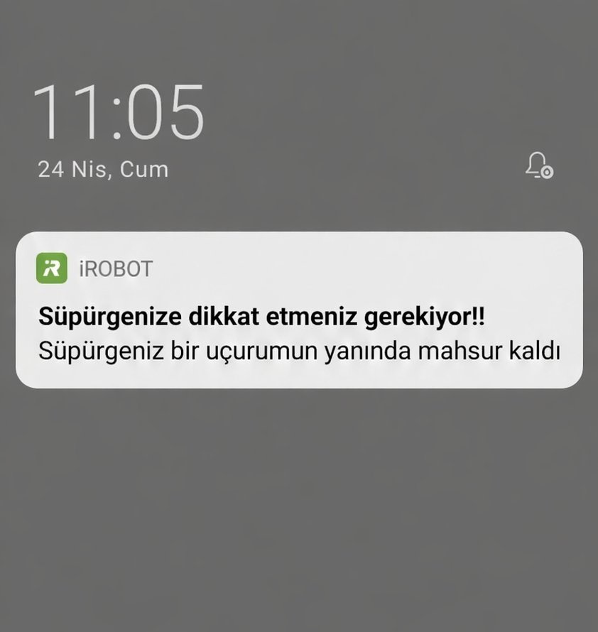 darkwebhaber's tweet photo. Bir X kullanıcısı, robot süpürge uygulamasının kendisine gönderdiği bildirimi paylaştı:

"Süpürgeniz bir uçurumun yanında mahsur kaldı" https://t.co/Chqqhv8hkS
