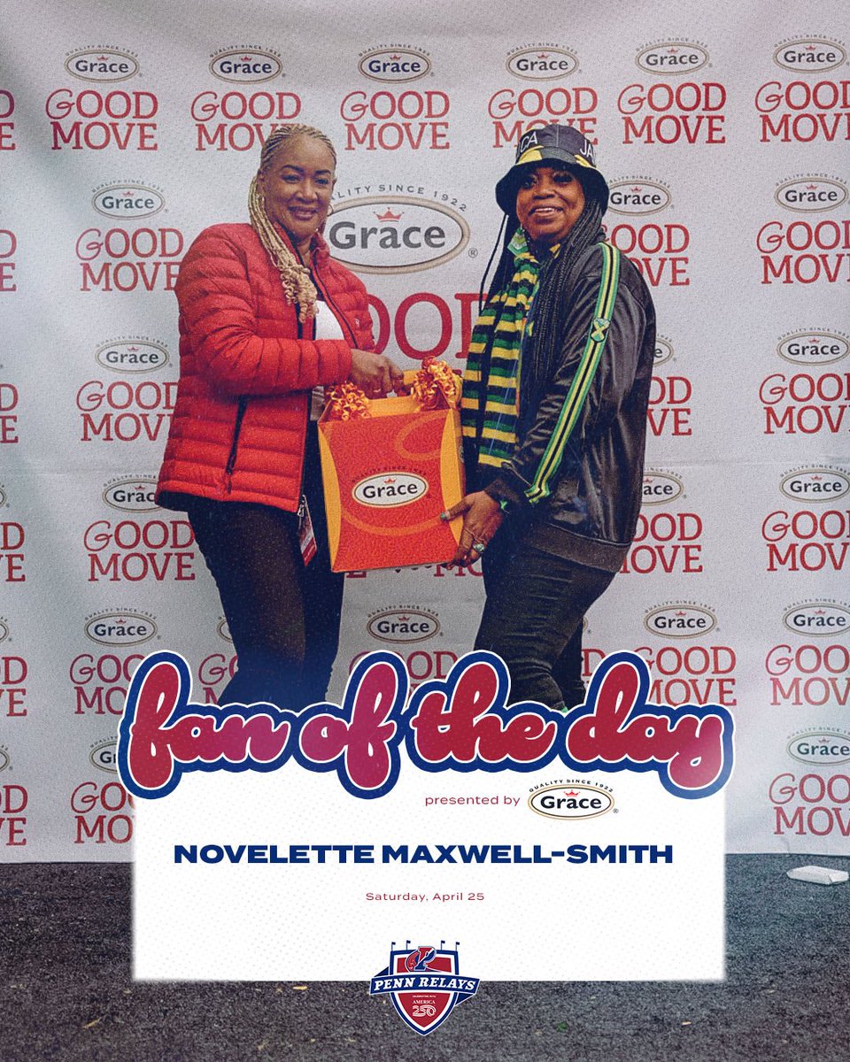pennrelays's tweet photo. Congratulations to Novelette Maxwell-Smith, our Fan of the Day presented by @gracefoods 🤩 https://t.co/UyjGSpRcw3
