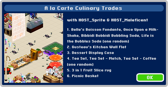 MyVMK's tweet image. "A la Carte Culinary Trades" with HOST_Sprite &amp;amp; HOST_Maleficent begins in just 30 minutes! (9:00 PM EST) Please note that Pixels are not accepted for this trade. #MyVMK #VMK #Disney #Nostalgia