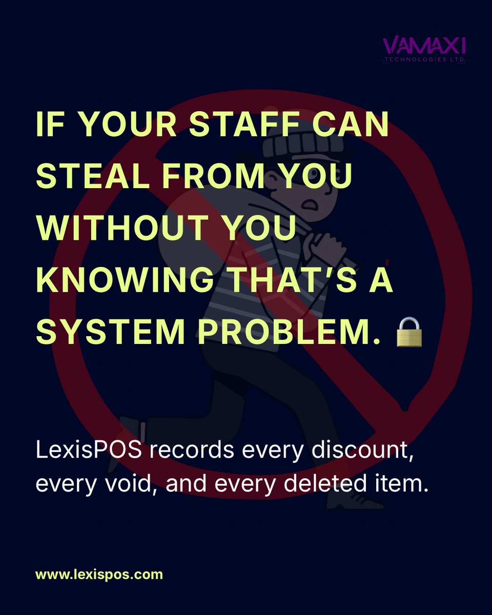 Vamaxitech's tweet image. You can't be everywhere, but your system can. LexisPOS tracks every action, every kobo, and every staff move so nothing slips through. Your business is secure, even when you’re away. DM "SECURITY" to learn more 🔒

lexipos.com
#LexisPOS #Security